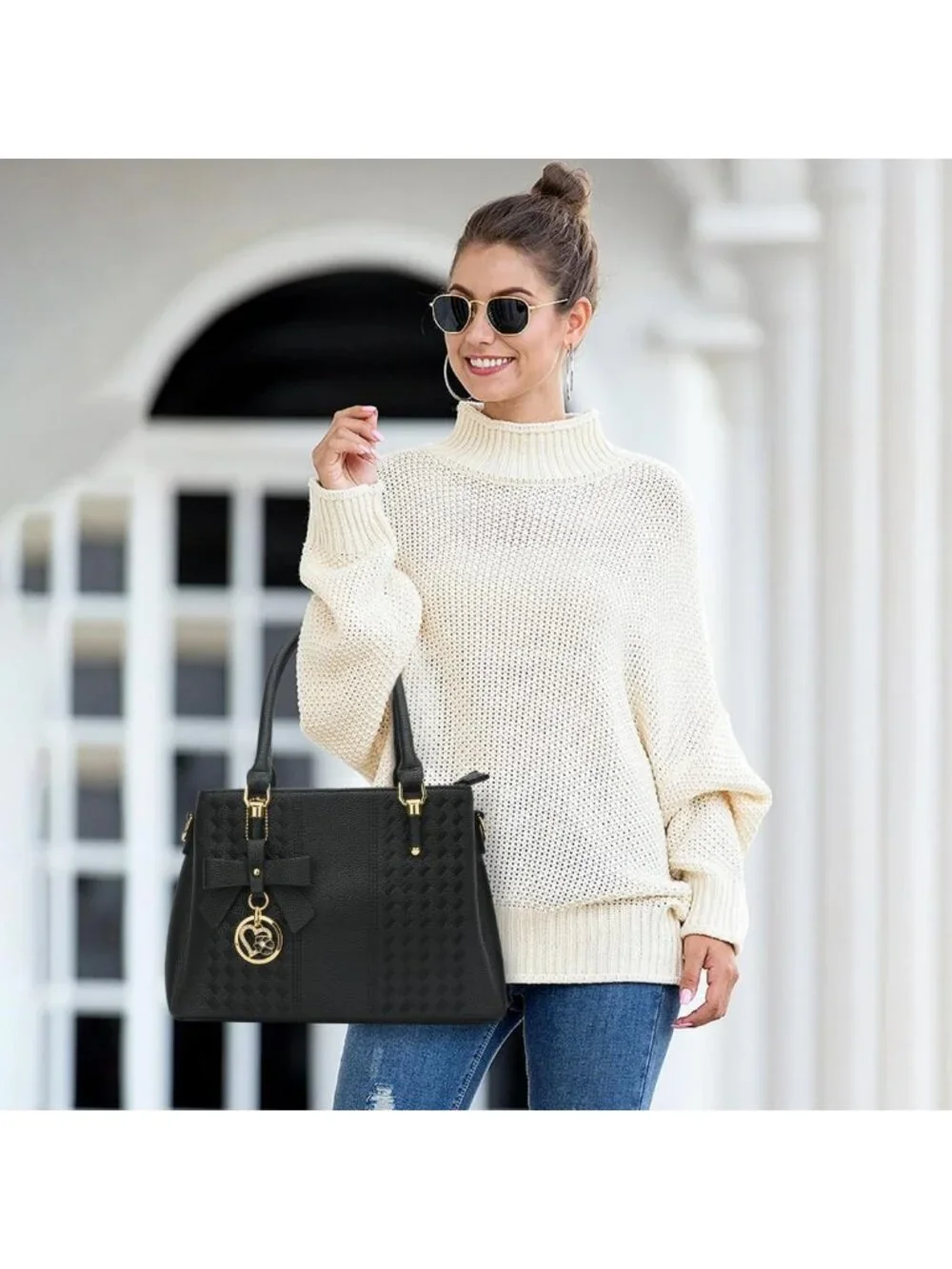 Stylish PU Leather Satchel Bag with Removable Strap, 3 Zippered Compartments